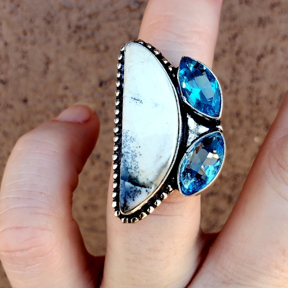 New Dendritic Opal & Blue Topaz 925 Silver Ring.
